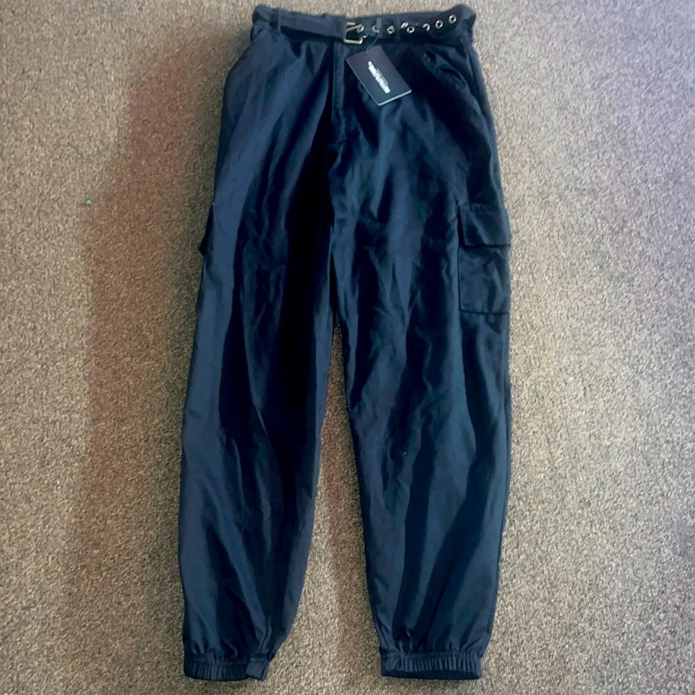 Black eyelet detail, belted cargo trousers size 6